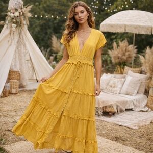 Cotton Candy Mustard Yellow Tiered Maxi Dress | Boho Cottagecore Button Front